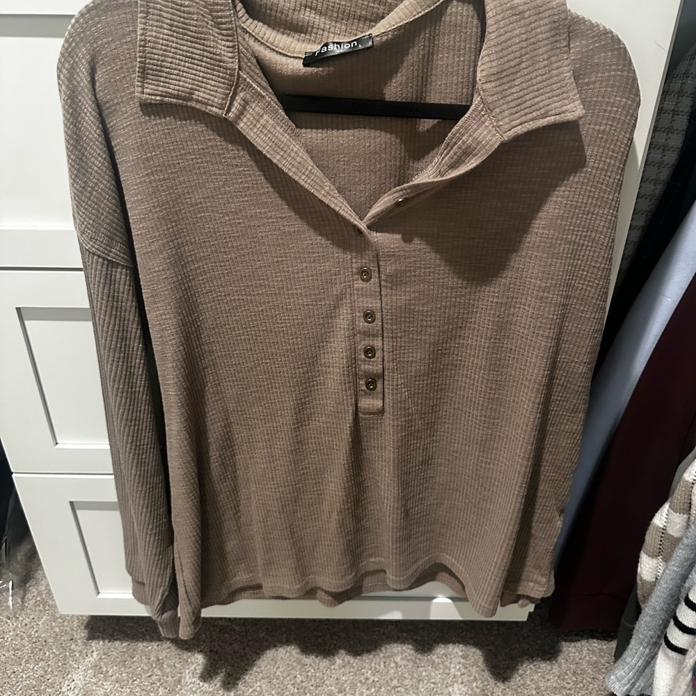 A New Day Brown Ribbed Long Sleeve Polo Shirt